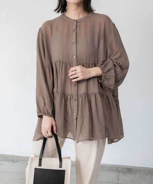 BONLECILL（ボンルシール）の「ふんわりガーゼ ティアードブラウス（シャツ/ブラウス・レディース・チャコールグレー/ベージュ/ブラウン/サックスブルー/グリーン/アイボリー・FREE）」の4枚目の写真