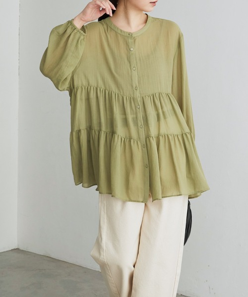 BONLECILL（ボンルシール）の「ふんわりガーゼ ティアードブラウス（シャツ/ブラウス・レディース・チャコールグレー/ベージュ/ブラウン/サックスブルー/グリーン/アイボリー・FREE）」の5枚目の写真