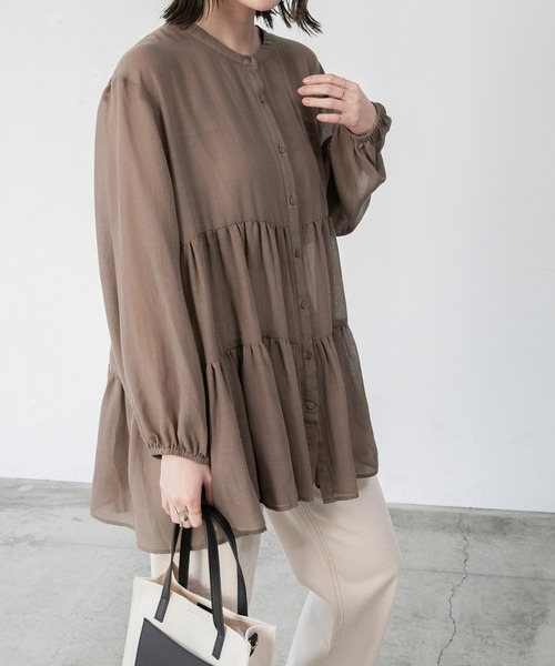 BONLECILL（ボンルシール）の「ふんわりガーゼ ティアードブラウス（シャツ/ブラウス・レディース・チャコールグレー/ベージュ/ブラウン/サックスブルー/グリーン/アイボリー・FREE）」の10枚目の写真