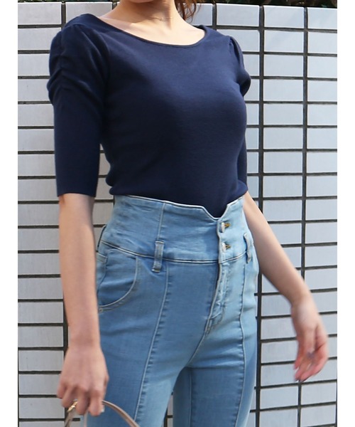 ROYAL PARTY（ロイヤルパーティー）の「【エコヴェロ】洗えるニットVネック半袖パワショルトップス（ニット/セーター・レディース・オフホワイト/ベージュ/ピンク/グリーン/ブルー/ネイビー/ブラック/マルチ/ホワイト系その他2/ブラック系その他・FREE）」の7枚目の写真