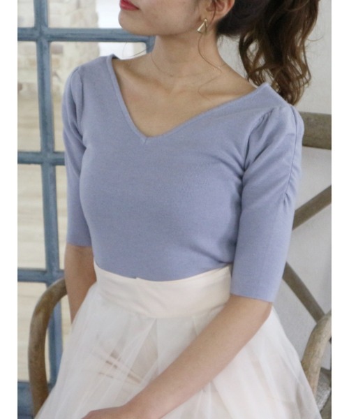 ROYAL PARTY（ロイヤルパーティー）の「【エコヴェロ】洗えるニットVネック半袖パワショルトップス（ニット/セーター・レディース・オフホワイト/ベージュ/ピンク/グリーン/ブルー/ネイビー/ブラック/マルチ/ホワイト系その他2/ブラック系その他・FREE）」の8枚目の写真