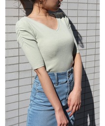 ROYAL PARTY | 【エコヴェロ】洗えるニットVネック半袖パワショルトップス(ニット/セーター)