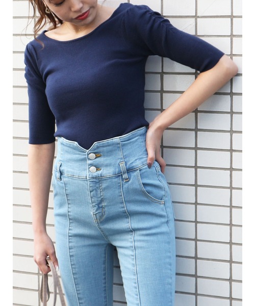 ROYAL PARTY（ロイヤルパーティー）の「【エコヴェロ】洗えるニットVネック半袖パワショルトップス（ニット/セーター・レディース・オフホワイト/ベージュ/ピンク/グリーン/ブルー/ネイビー/ブラック/マルチ/ホワイト系その他2/ブラック系その他・FREE）」の11枚目の写真