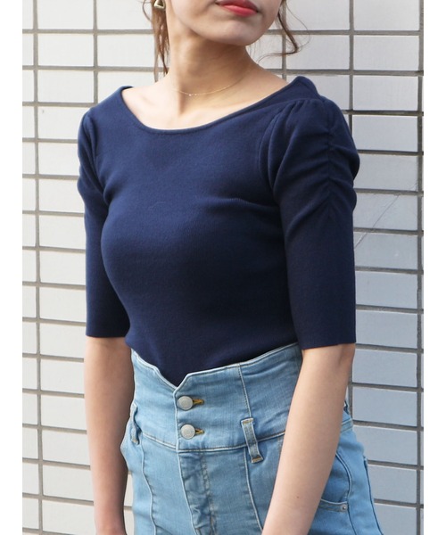 ROYAL PARTY（ロイヤルパーティー）の「【エコヴェロ】洗えるニットVネック半袖パワショルトップス（ニット/セーター・レディース・オフホワイト/ベージュ/ピンク/グリーン/ブルー/ネイビー/ブラック/マルチ/ホワイト系その他2/ブラック系その他・FREE）」の17枚目の写真