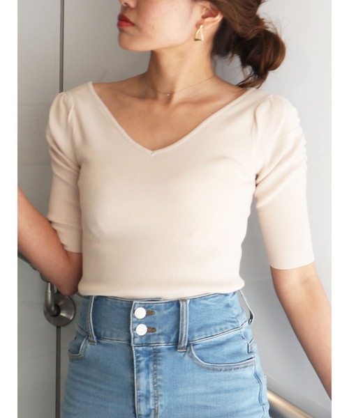 ROYAL PARTY（ロイヤルパーティー）の「【エコヴェロ】洗えるニットVネック半袖パワショルトップス（ニット/セーター・レディース・オフホワイト/ベージュ/ピンク/グリーン/ブルー/ネイビー/ブラック/マルチ/ホワイト系その他2/ブラック系その他・FREE）」の13枚目の写真