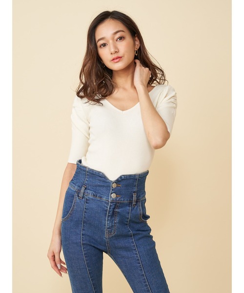 ROYAL PARTY（ロイヤルパーティー）の「【エコヴェロ】洗えるニットVネック半袖パワショルトップス（ニット/セーター・レディース・オフホワイト/ベージュ/ピンク/グリーン/ブルー/ネイビー/ブラック/マルチ/ホワイト系その他2/ブラック系その他・FREE）」の21枚目の写真