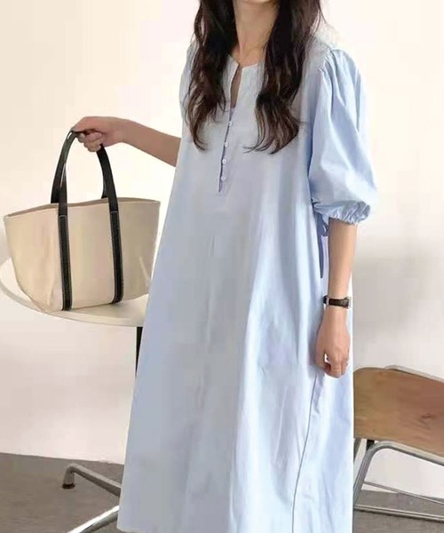 セール Cadbury キャドバリー のファッション ワンピース Zozotown限定アイテム パフスリーブノーカラーミモレ丈シャツワンピース ワンピース