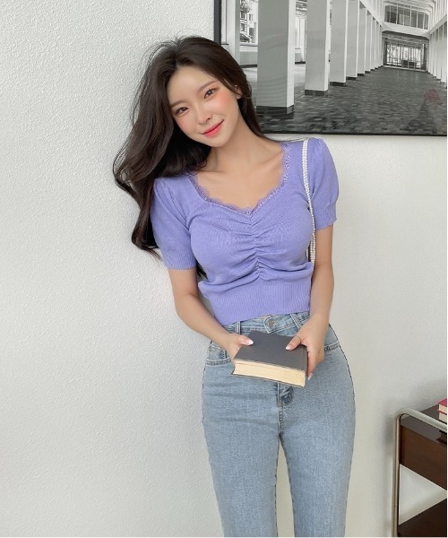 chuu（チュー）の「CHUU レースハートシャーリングTシャツ（Tシャツ/カットソー・レディース・ピンク/イエロー/アイボリー/バイオレット・FREE）」の8枚目の写真