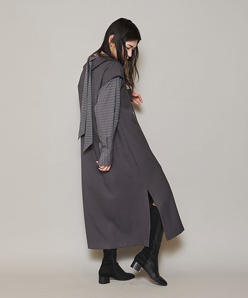 lautreamont BLEUBLANC（ロートレアモンブルーブラン）の「<lautreamont BLEUBLANC>襟付きスキッパーワンピース≪洗濯機で洗える≫（ワンピース・レディース・チャコールグレー/イエロー・9号）」の18枚目の写真