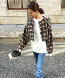 ulu | Shaggy check cocoon short jacket(ノーカラージャケット)