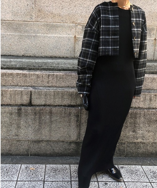 ulu（ウル）の「Shaggy check cocoon short jacket（ノーカラージャケット・レディース・ブラウン/ブラック・FREE）」の2枚目の写真