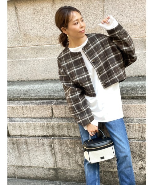 ulu（ウル）の「Shaggy check cocoon short jacket（ノーカラージャケット・レディース・ブラウン/ブラック・FREE）」の16枚目の写真