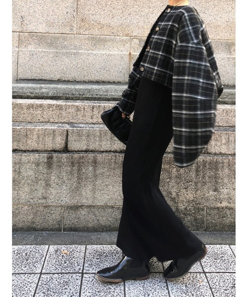 ulu（ウル）の「Shaggy check cocoon short jacket（ノーカラージャケット・レディース・ブラウン/ブラック・FREE）」の14枚目の写真