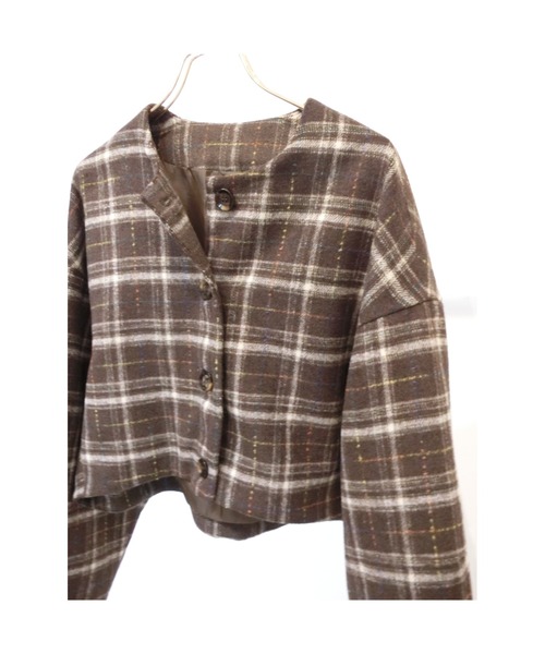 ulu（ウル）の「Shaggy check cocoon short jacket（ノーカラージャケット・レディース・ブラウン/ブラック・FREE）」の5枚目の写真