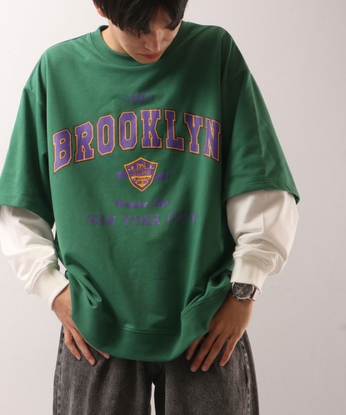 SUGGESTION（サジェッション）の「韓国風 ブルックリンフェイクレイヤードビッグトレーナー（スウェット・メンズ・アッシュグレー/ブラック/ネイビー/グリーン・M/L）」の3枚目の写真