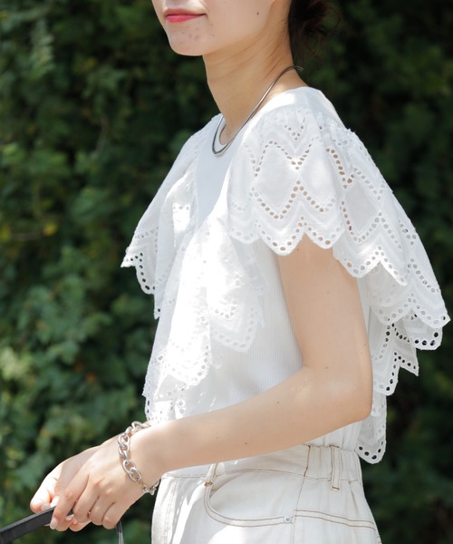 CIAOPANIC TYPY(チャオパニックティピー)の「パッチワークレースノースリーブデザイントップス(Tシャツ/カットソー・レディース・ホワイト/ブラック/ブルー・ONE SIZE)」の15枚目の写真