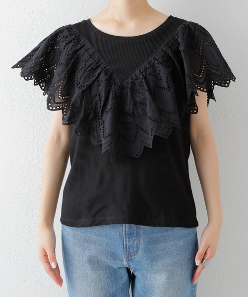 CIAOPANIC TYPY(チャオパニックティピー)の「パッチワークレースノースリーブデザイントップス(Tシャツ/カットソー・レディース・ホワイト/ブラック/ブルー・ONE SIZE)」の6枚目の写真