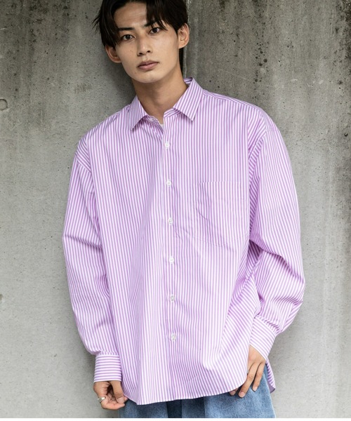 BRICK & SONS（ブリックアンドサンズ）の「リラックスバックプリーツシャツ＜パープルストライプ＞（シャツ/ブラウス・メンズ・パープル・LL/S/M/L）」の2枚目の写真