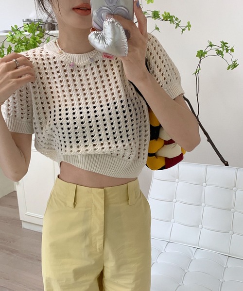 meJane（ミージェーン）の「透かし編みクロップドサマーニット（ニット/セーター・レディース・ナチュラル/グリーン/ピンク・FREE）」の5枚目の写真