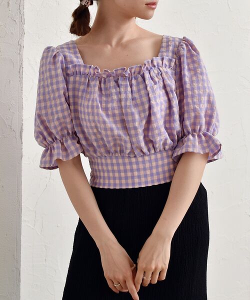 ems excite（エムズエキサイト）の「BリボンカラーギンガムBL（シャツ/ブラウス・レディース・パープル系その他2/イエロー系その他2/オレンジ系その他2・FREE）」の2枚目の写真