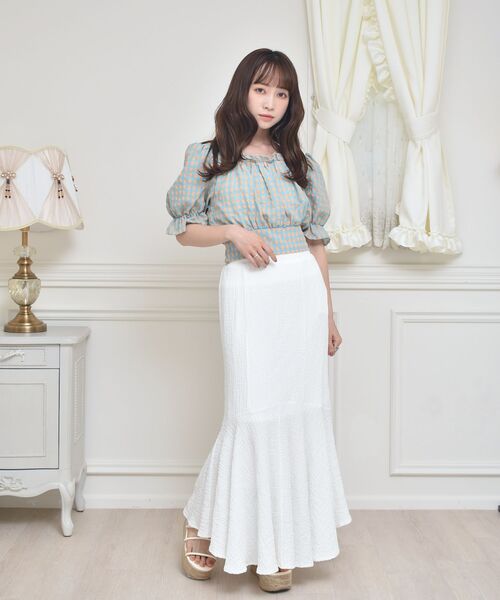 ems excite（エムズエキサイト）の「BリボンカラーギンガムBL（シャツ/ブラウス・レディース・パープル系その他2/イエロー系その他2/オレンジ系その他2・FREE）」の4枚目の写真