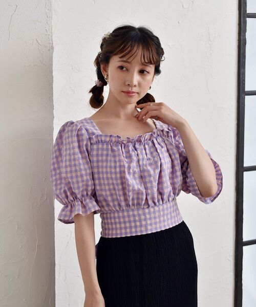 ems excite（エムズエキサイト）の「BリボンカラーギンガムBL（シャツ/ブラウス・レディース・パープル系その他2/イエロー系その他2/オレンジ系その他2・FREE）」の5枚目の写真