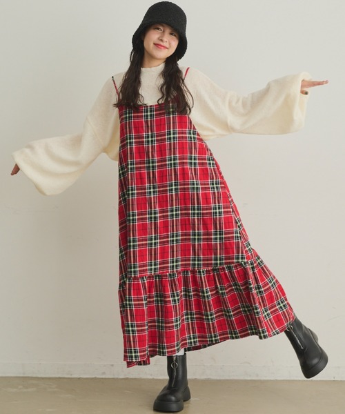 MERLOT（メルロー）の「チェックキャミワンピース（ワンピース・レディース・イエロー/グリーン/レッド・FREE）」の5枚目の写真