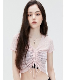 A'GEM/9 × .kom『LUV IS TRUE/ラブ イズ トゥルー』SU SHIRRING TEE/シャーリングトップ クロップド丈 半袖 カットソー