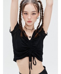 A'GEM/9 × .kom『LUV IS TRUE/ラブ イズ トゥルー』SU SHIRRING TEE/シャーリングトップ クロップド丈 半袖 カットソー