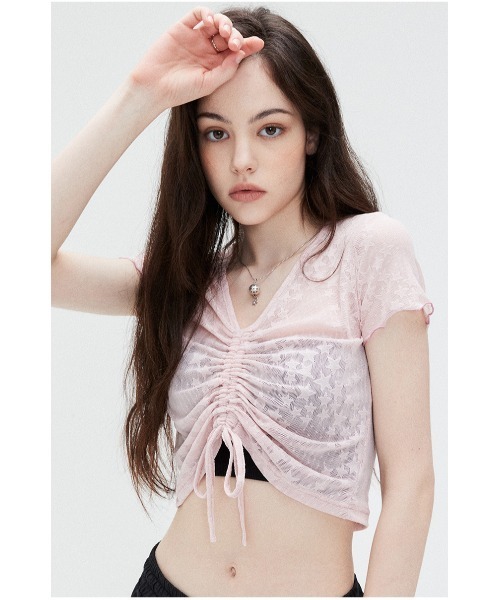 LUVISTRUE(ラヴイズトゥルー)の「A'GEM/9 × .kom『LUV IS TRUE/ラブ イズ トゥルー』SU SHIRRING TEE/シャーリングトップ クロップド丈 半袖 カットソー(Tシャツ/カットソー・レディース・ブラック/ピンク・FREE)」の8枚目の写真