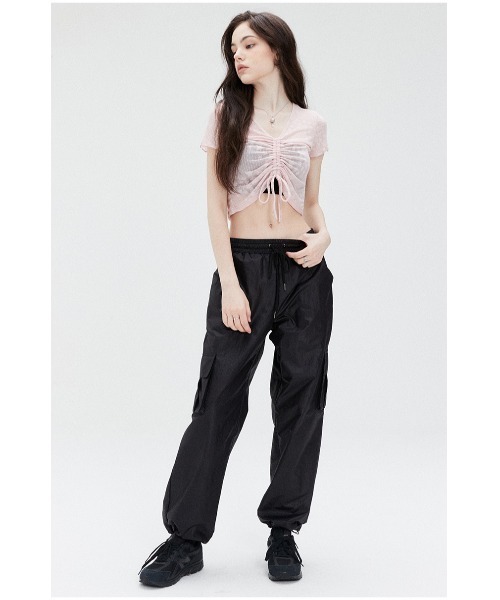 LUVISTRUE(ラヴイズトゥルー)の「A'GEM/9 × .kom『LUV IS TRUE/ラブ イズ トゥルー』SU SHIRRING TEE/シャーリングトップ クロップド丈 半袖 カットソー(Tシャツ/カットソー・レディース・ブラック/ピンク・FREE)」の12枚目の写真