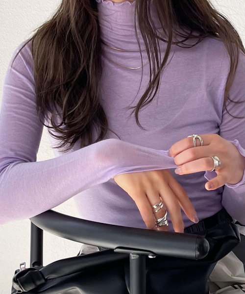 Shelly island（シェリーアイランド）の「シアーハイネックトップス（Tシャツ/カットソー・レディース・オレンジ/ブルー/ライトグリーン/ピンク/ブラック/パープル・FREE）」の5枚目の写真