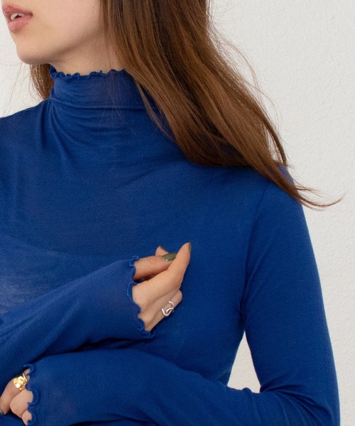 Shelly island（シェリーアイランド）の「シアーハイネックトップス（Tシャツ/カットソー・レディース・オレンジ/ブルー/ライトグリーン/ピンク/ブラック/パープル・FREE）」の4枚目の写真