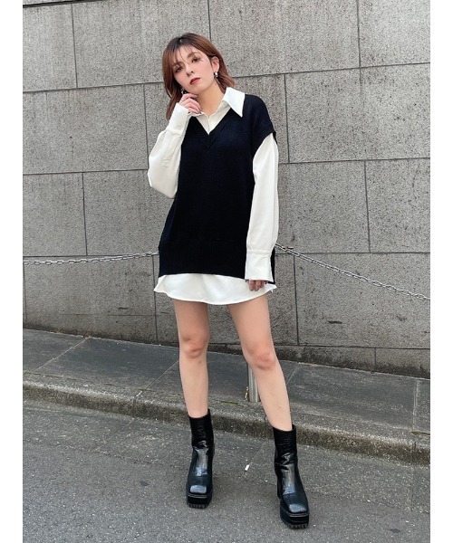 ENVYM(アンビー)の「ニットドッキングSH(シャツ/ブラウス・レディース・ホワイト/ブラック/ブラウン・FREE)」の4枚目の写真