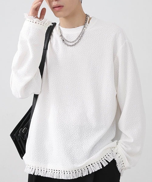 WESTBOY（ウエストボーイ）の「ルーズシルエットフリンジロンTEE WO22WTP02【WB ORIGINALS】（Tシャツ/カットソー・メンズ・ブラック/ホワイト・M/XL/L）」の4枚目の写真