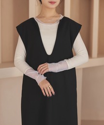 キーネックフレンチスリーブロングワンピース