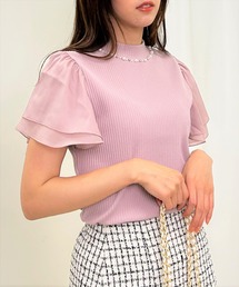 パール付BACKリボンフレアー袖リブトップス