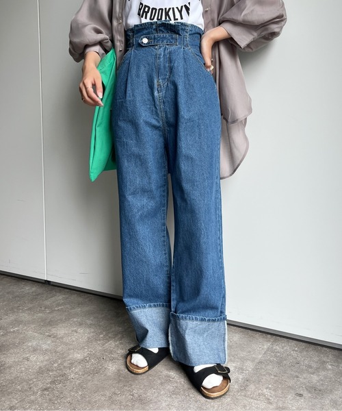 CPCM(シーピーシーエム)の「綿麻折り返しベルトデニムパンツ(デニムパンツ・レディース・ブラック/ブルー・FREE)」の2枚目の写真