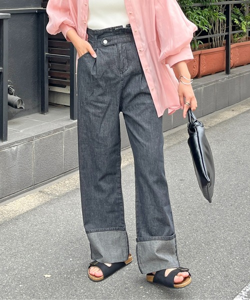 CPCM(シーピーシーエム)の「綿麻折り返しベルトデニムパンツ(デニムパンツ・レディース・ブラック/ブルー・FREE)」の1枚目の写真