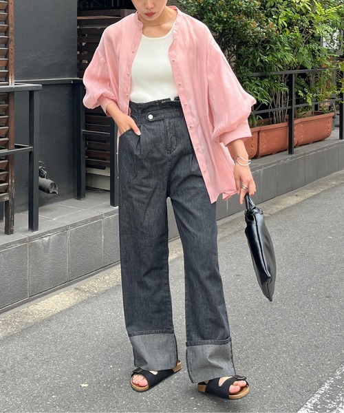 CPCM(シーピーシーエム)の「綿麻折り返しベルトデニムパンツ(デニムパンツ・レディース・ブラック/ブルー・FREE)」の3枚目の写真