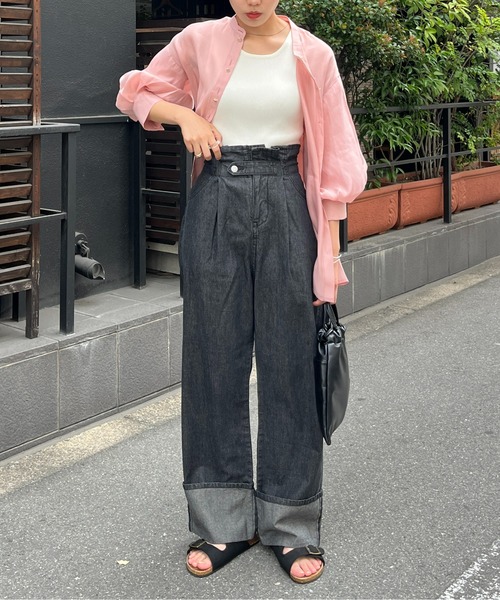 CPCM(シーピーシーエム)の「綿麻折り返しベルトデニムパンツ(デニムパンツ・レディース・ブラック/ブルー・FREE)」の4枚目の写真