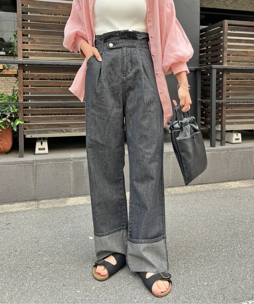 CPCM(シーピーシーエム)の「綿麻折り返しベルトデニムパンツ(デニムパンツ・レディース・ブラック/ブルー・FREE)」の6枚目の写真