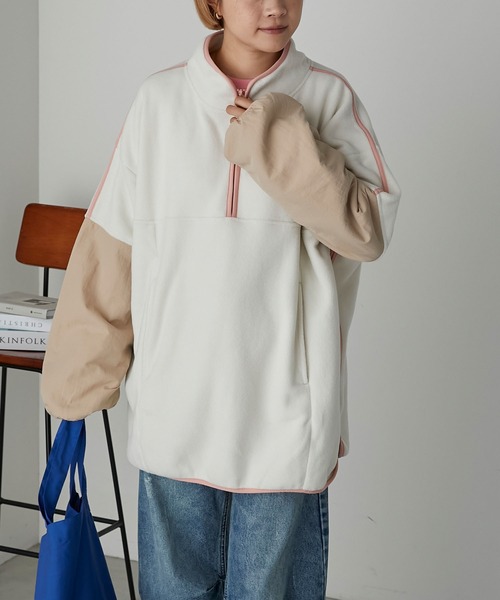 【プリーツプリーズ】Wジッププリーツジャケット 袖切替ドルマン 裾ひも付きF WEB限定 リラックスフィット フリースセットアップ/ノーカラー