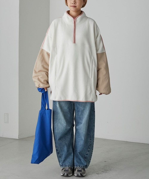 forksy.】ナイロン切り替えフリースラインパイピングプルオーバー