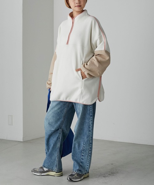 forksy.】ナイロン切り替えフリースラインパイピングプルオーバー