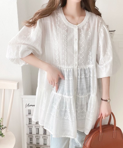 classicalelf（クラシカルエルフ）の「1枚で旬顔！シアー刺繍3WAYバルーンスリーブティアードブラウス（シャツ/ブラウス・レディース・モカ/グレー/オフホワイト/ブラック・SMALL/MEDIUM/LARGE/X-LARGE）」の13枚目の写真