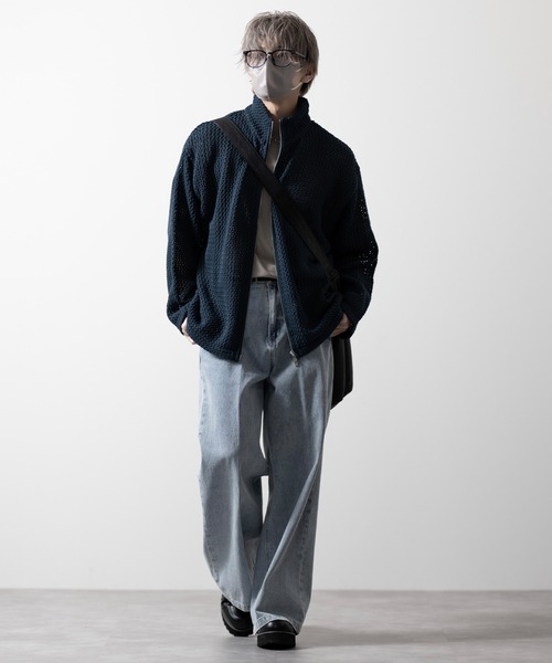 CLEL（クレイル）の「【CLEL】Watermark Knitting Loose Mesh Drivers Knit/透かし編みルーズ メッシュドライバーズニット（ニット/セーター・メンズ・ライトグレー/ブラック/ブルー系・S/XS/L/M）」の20枚目の写真