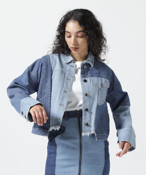 アウラアイラ コントラスト デニムジャケット 黒×デニムブルー バイ