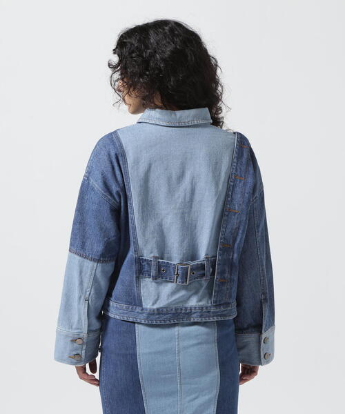 アウラアイラ コントラスト デニムジャケット 黒×デニムブルー バイ