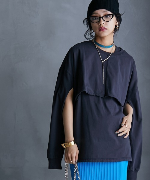 GEVS.（ジェイヴィス）の「＜大きいサイズ＞ 綿100％ピグメント製品染2点セット（ロングスリーブカットソー+タンクトップ）GEVS.（Tシャツ/カットソー・レディース・オレンジ/チャコール・L/LL/3L/4L/5L）」の2枚目の写真